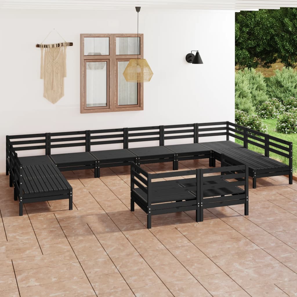 Salon de jardin 12 pcs Noir Bois de pin massif