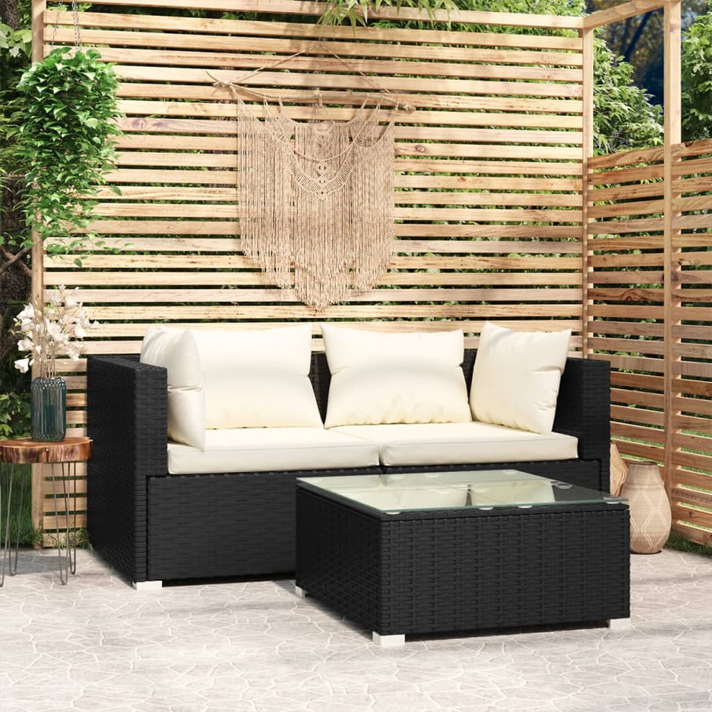 Salon de jardin 3 pcs avec coussins Noir Résine tressée