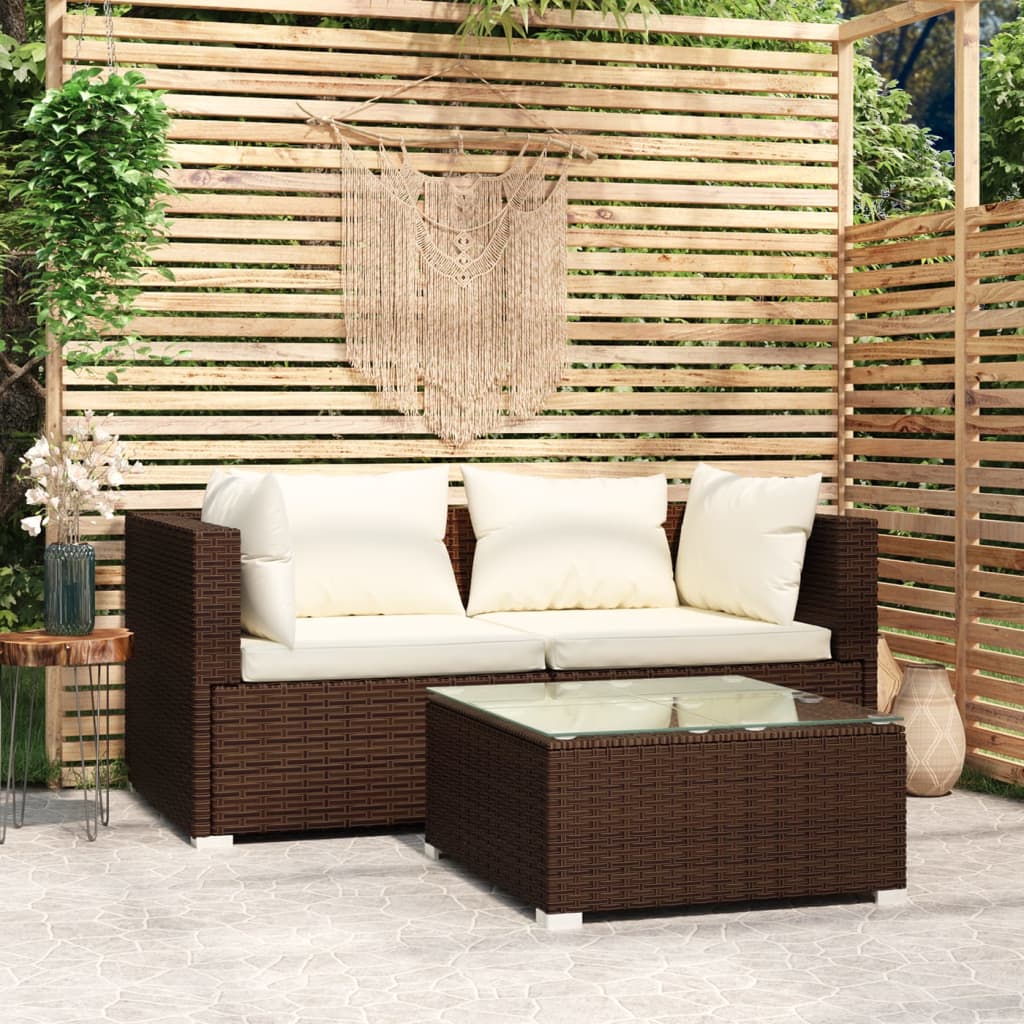 Salon de jardin 3 pcs avec coussins marron résine tressée