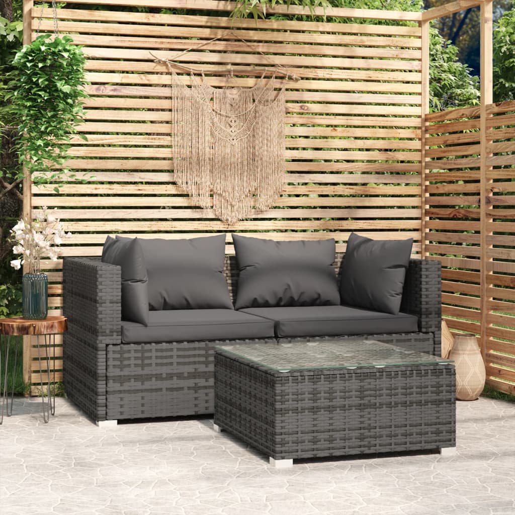 Salon de jardin 3 pcs avec coussins Gris Résine tressée