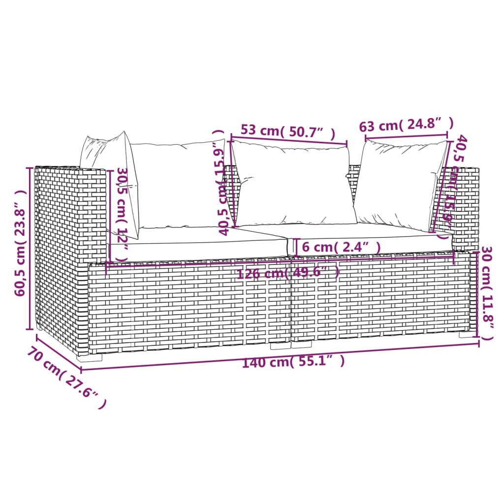 2 -Seter -Sofa mit schwarzen geflochtenen Harzkissen