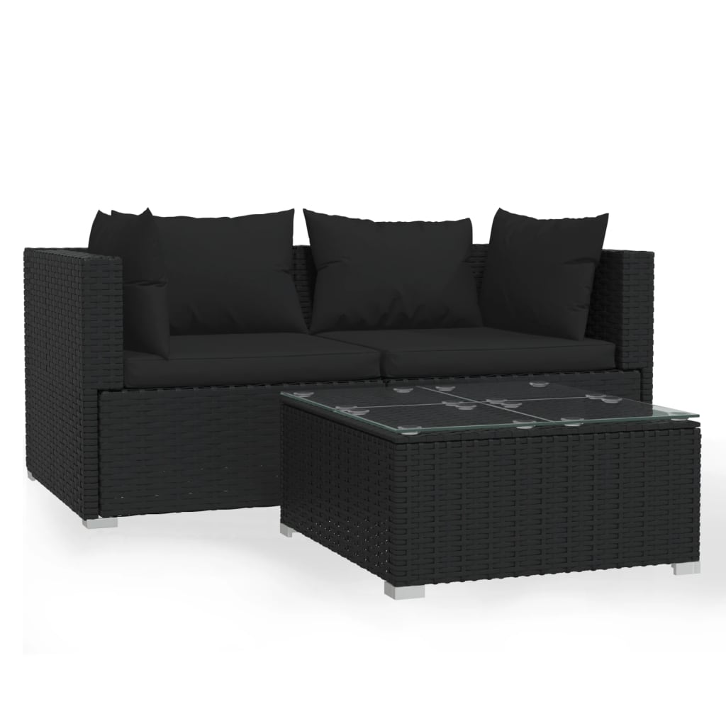 3 pcs garden furniture with black braided resin cushions