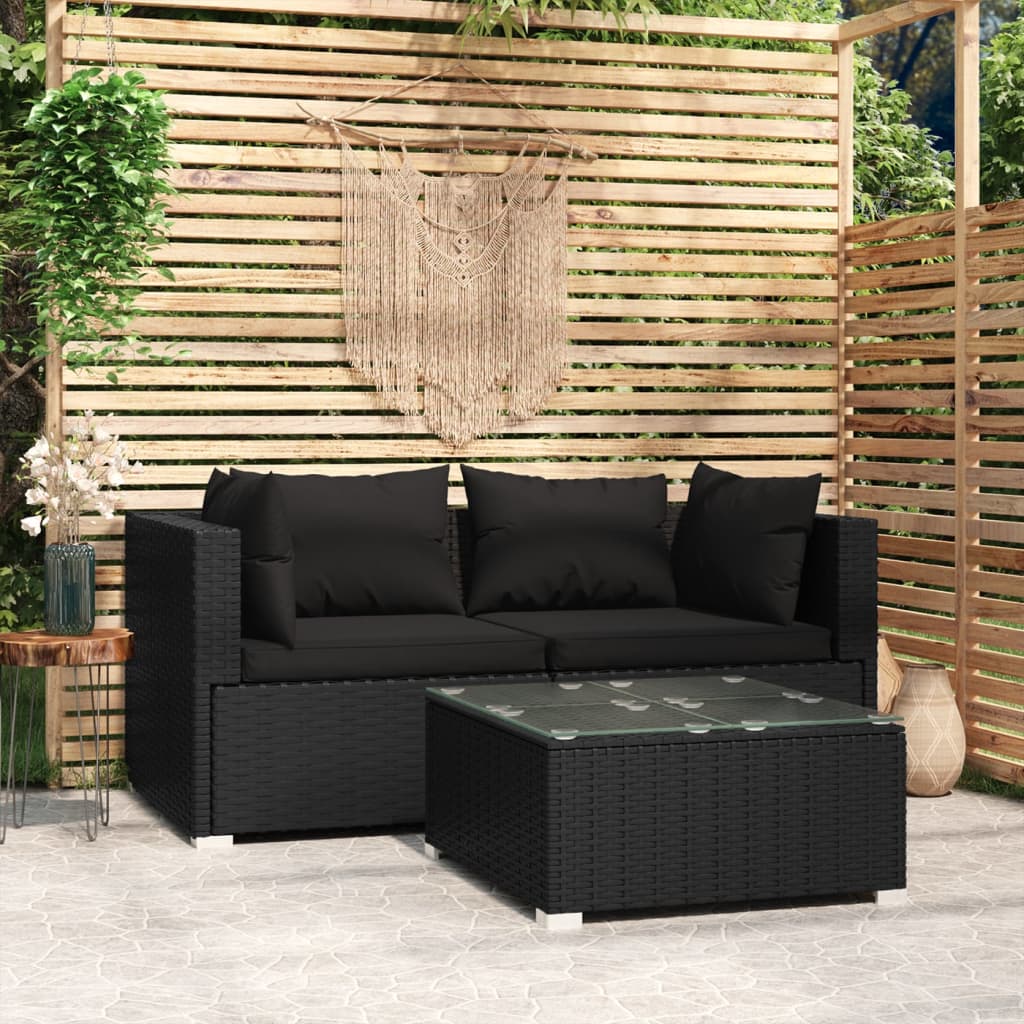 Salon de jardin 3 pcs avec coussins Noir Résine tressée