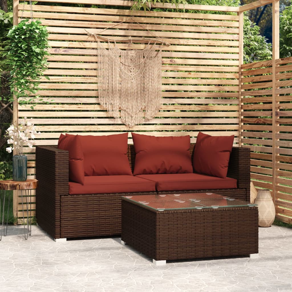 Salon de jardin 3 pcs avec coussins Marron Résine tressée