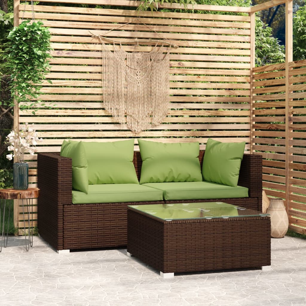 Salon de jardin 3 pcs avec coussins marron résine tressée