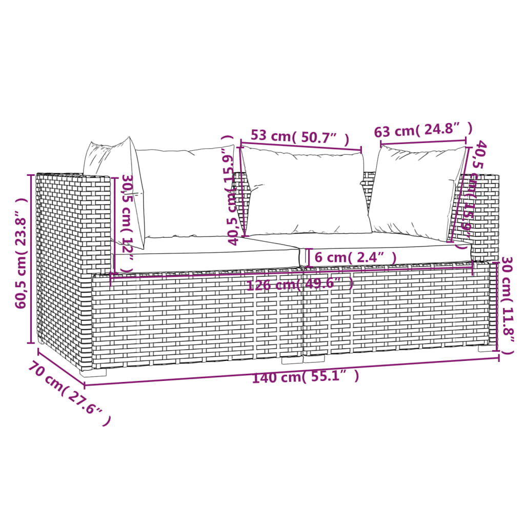 2 -Seter -Sofa mit geflochtenen Harzgraukissen