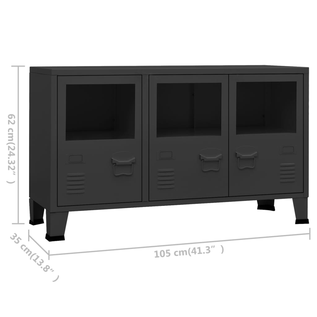 Credenza industriale Nera 105x35x62 cm Metallo e vetro