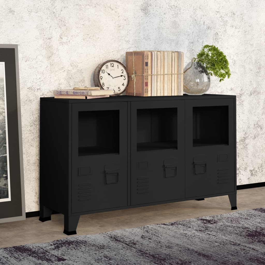 Credenza industriale Nera 105x35x62 cm Metallo e vetro