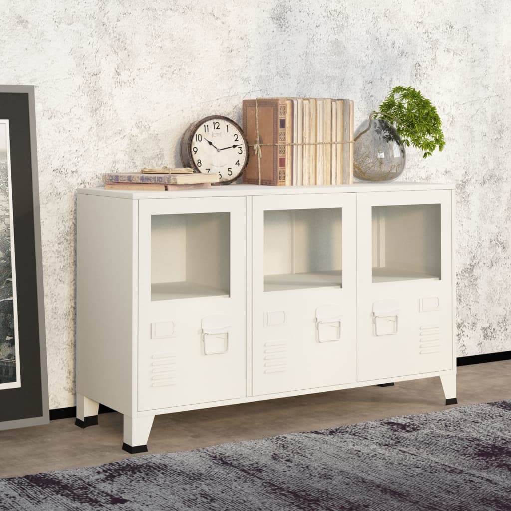 White industrial buffet 105x35x62 cm metal and glass