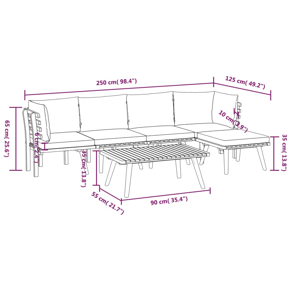 Salon de jardin 6 pcs avec coussins Bois d'acacia solide