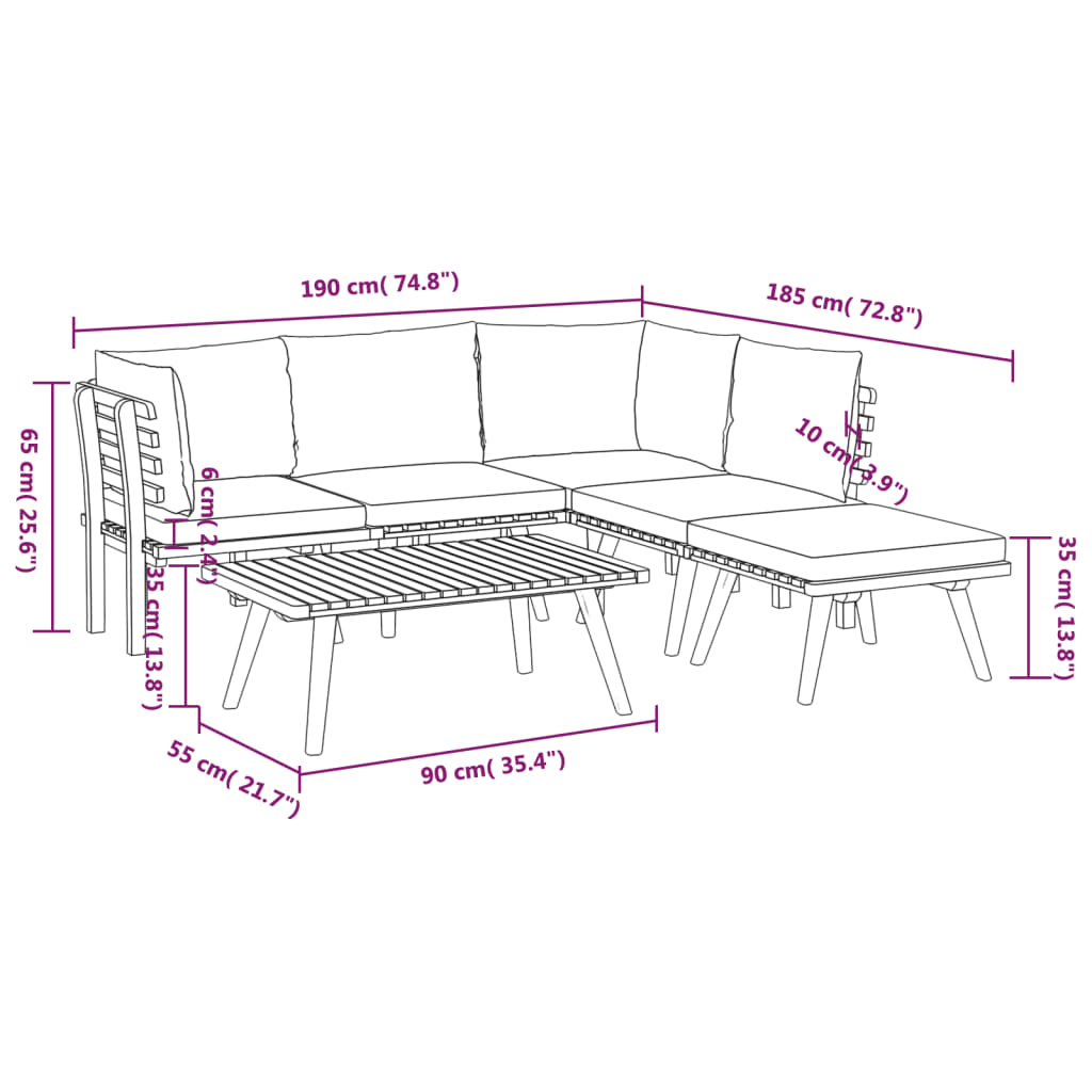 Salon de jardin 6 pcs avec coussins Bois d'acacia solide