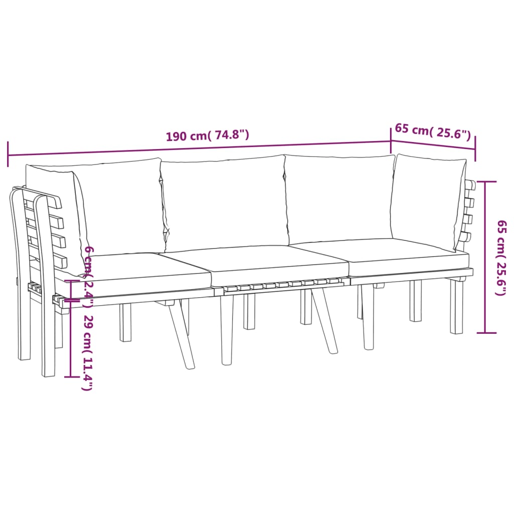 Salon de jardin 3 pcs avec coussins Bois d'acacia solide