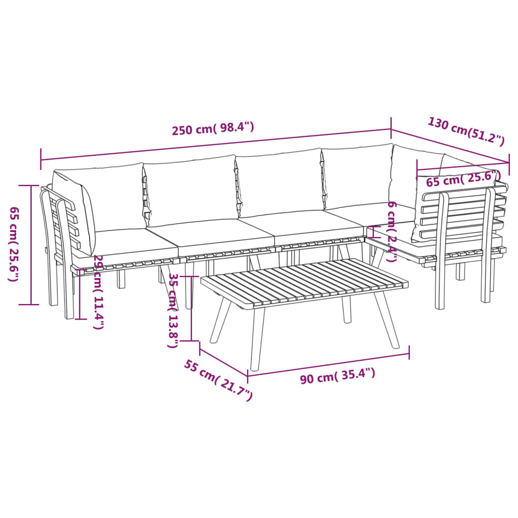 Salon de jardin 6 pcs avec coussins Bois d'acacia solide