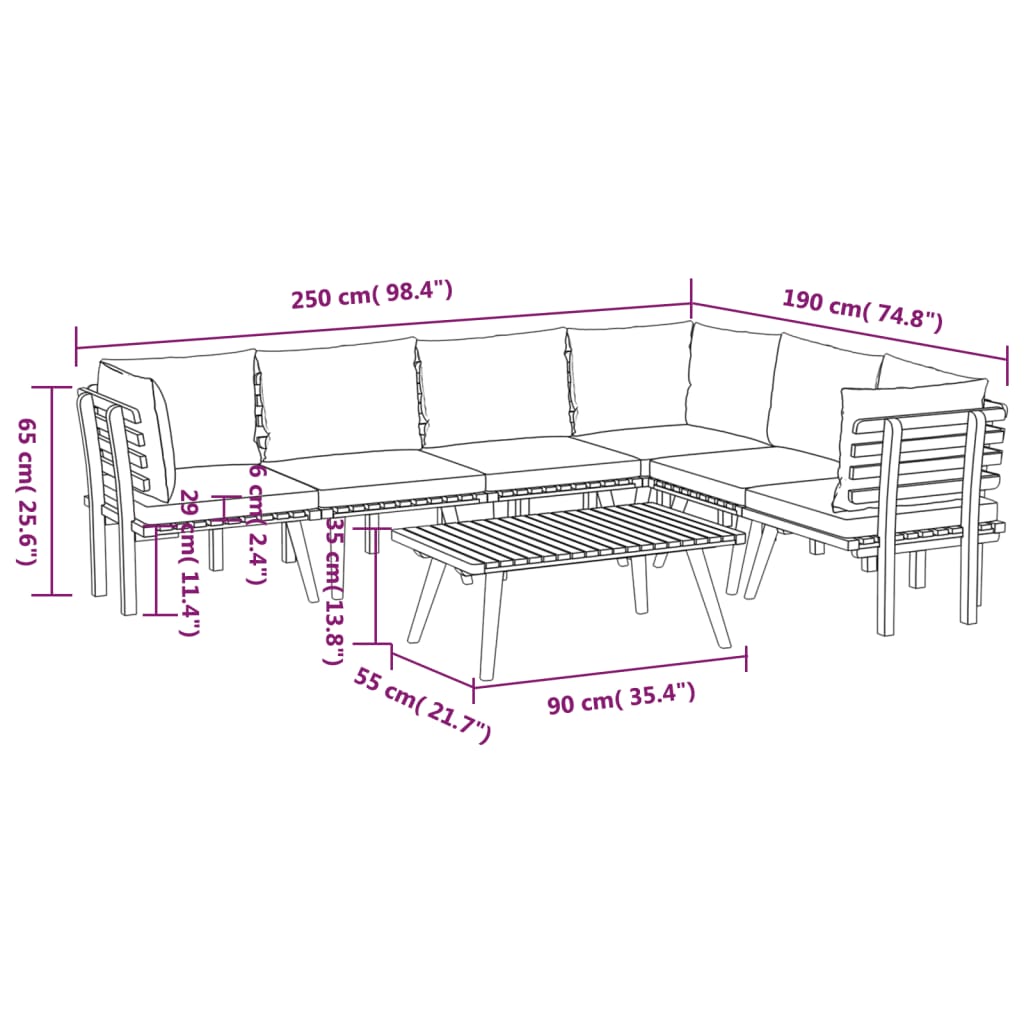 Salon de jardin 7 pcs avec coussins Bois d'acacia solide