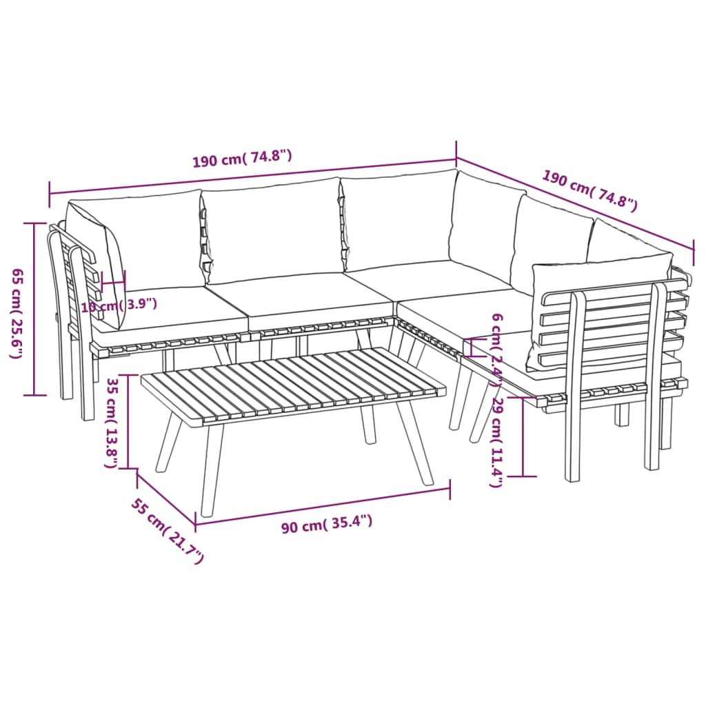 Salon de jardin 6 pcs avec coussins Bois d'acacia solide