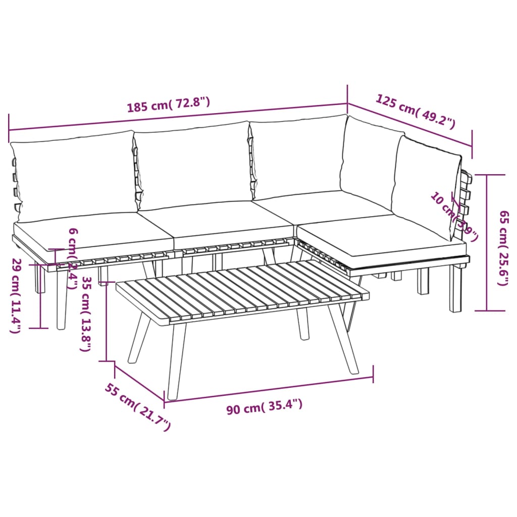 Salon de jardin 5 pcs avec coussins Bois d'acacia solide