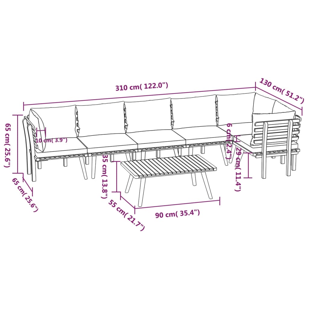 Salon de jardin 7 pcs avec coussins Bois d'acacia solide