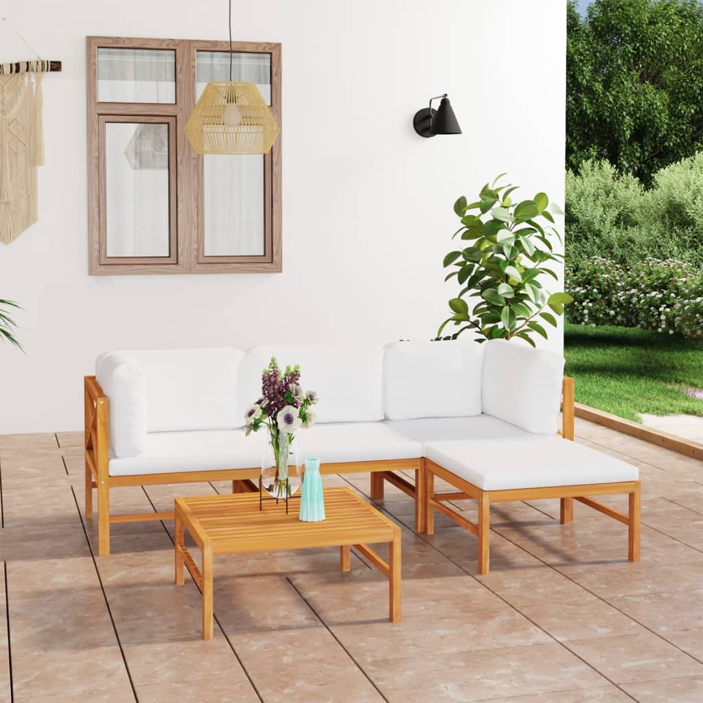 Salon de jardin 5 pcs avec coussins crème Bois de teck solide