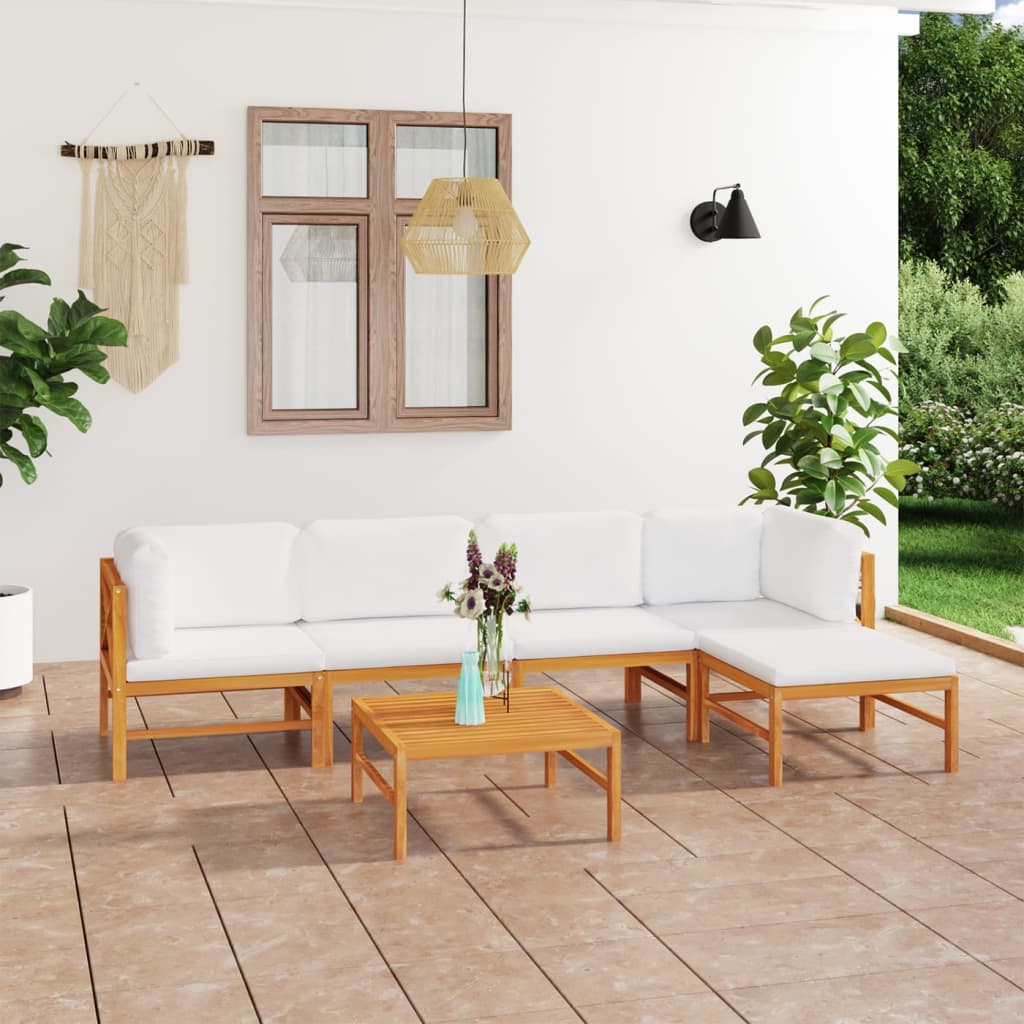 Salon de jardin 6 pcs avec coussins crème Bois de teck solide