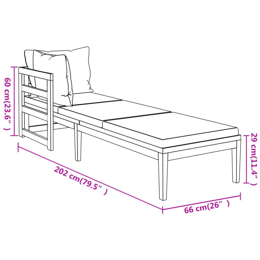 Chaises longues avec coussins blanc crème 2 pcs Acacia solide