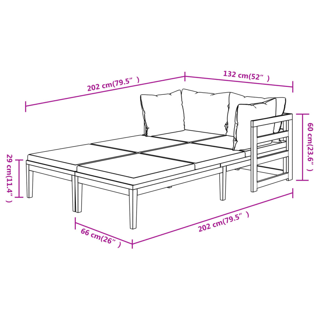 Chaises longues avec coussins blanc crème 2 pcs Acacia solide