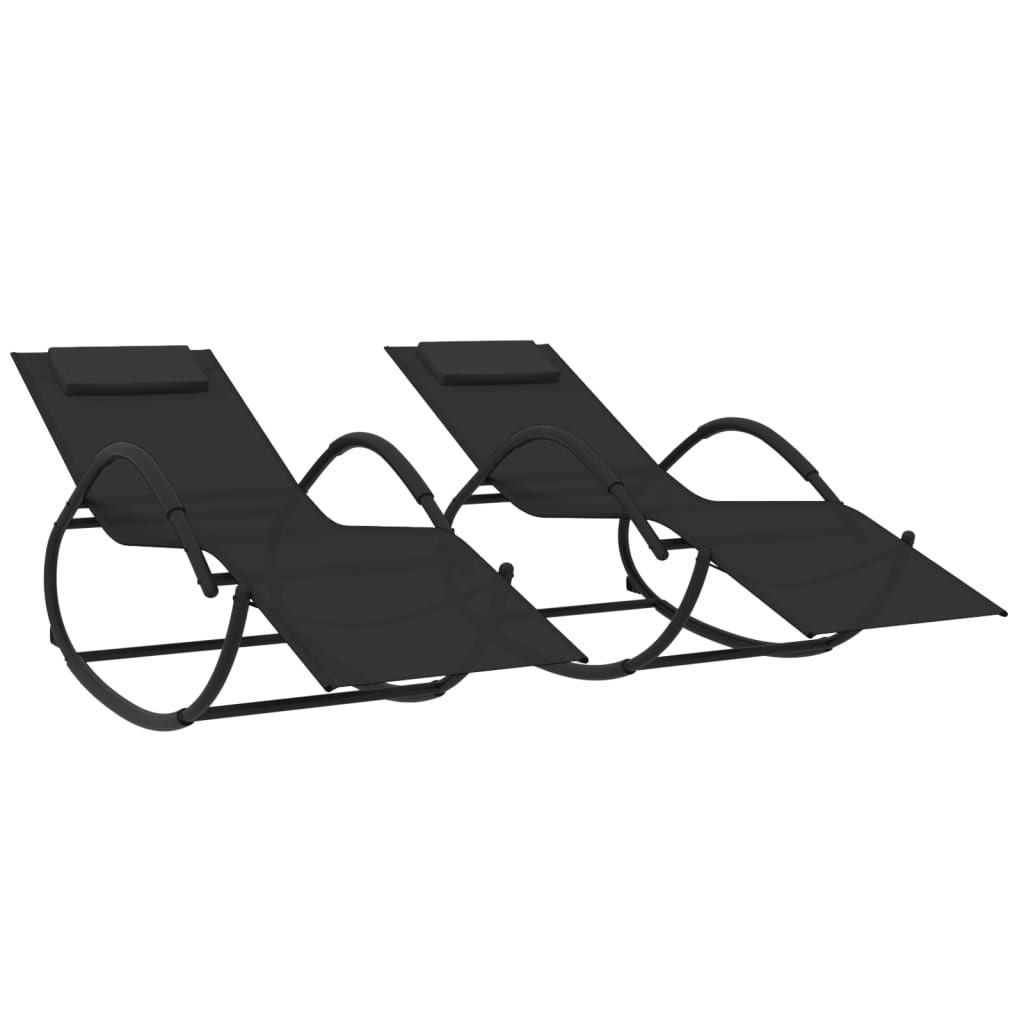 2 pcs black steel and textilene rocking lounge chairs