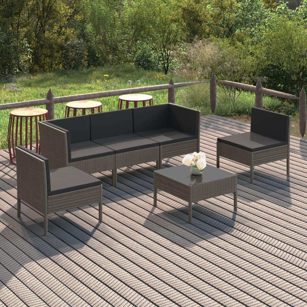 Salon de jardin 6 pcs avec coussins Résine tressée Gris