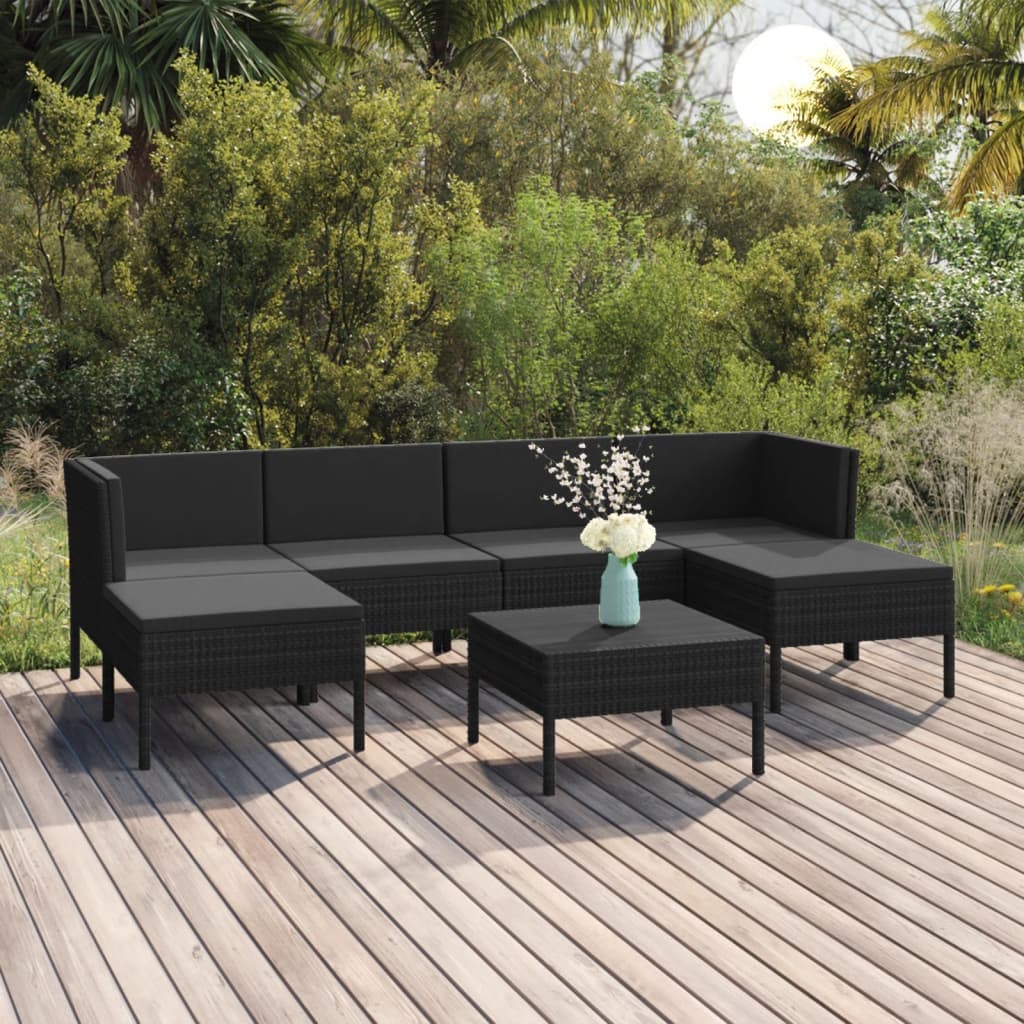 Salon de jardin 7 pcs avec coussins Résine tressée Noir