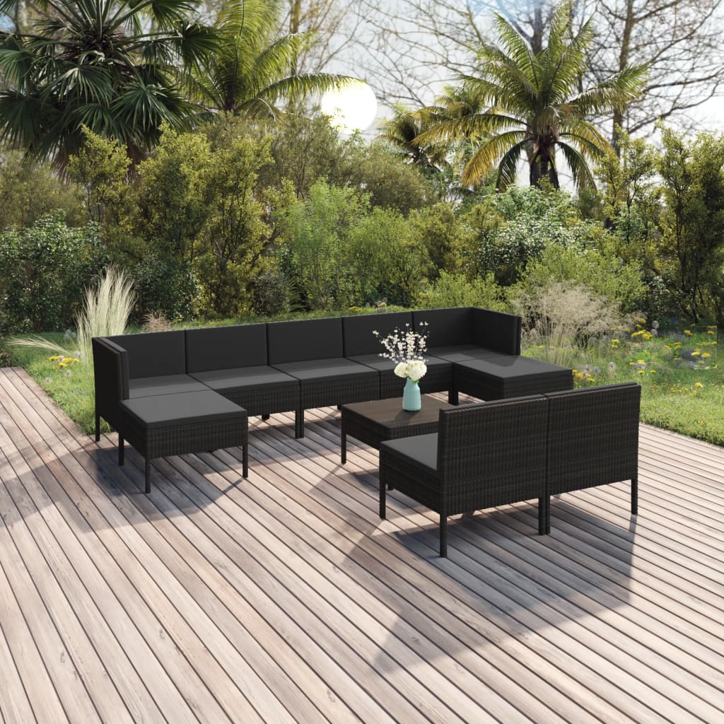 Salon de jardin 10 pcs avec coussins Résine tressée Noir