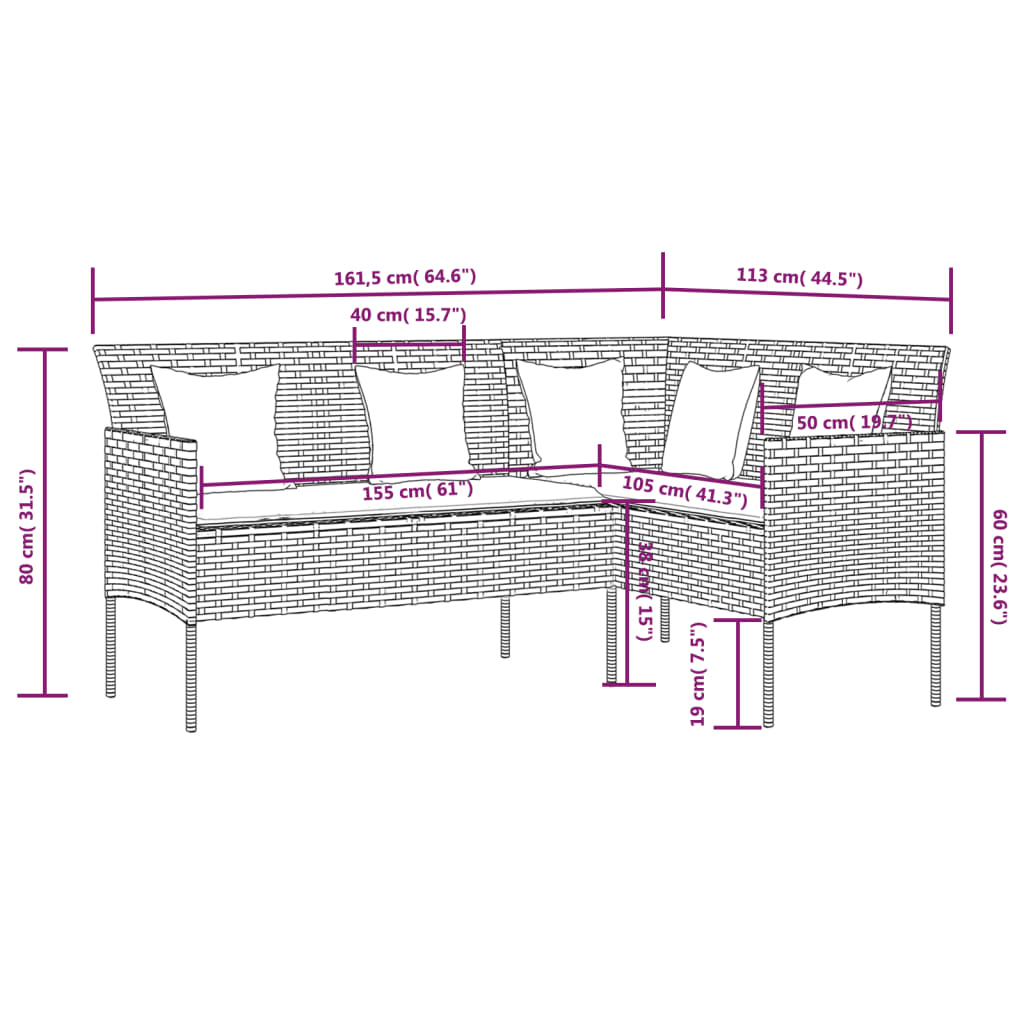 Set di divani in L 5pc con cuscini in resina intrecciata nera