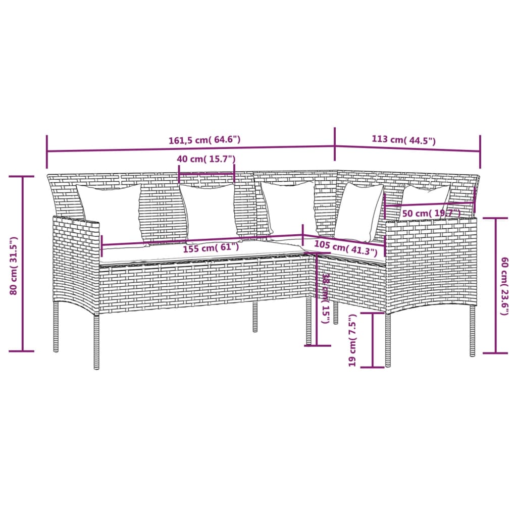 Set di divani in L 5pc con cuscini in resina intrecciata grigia