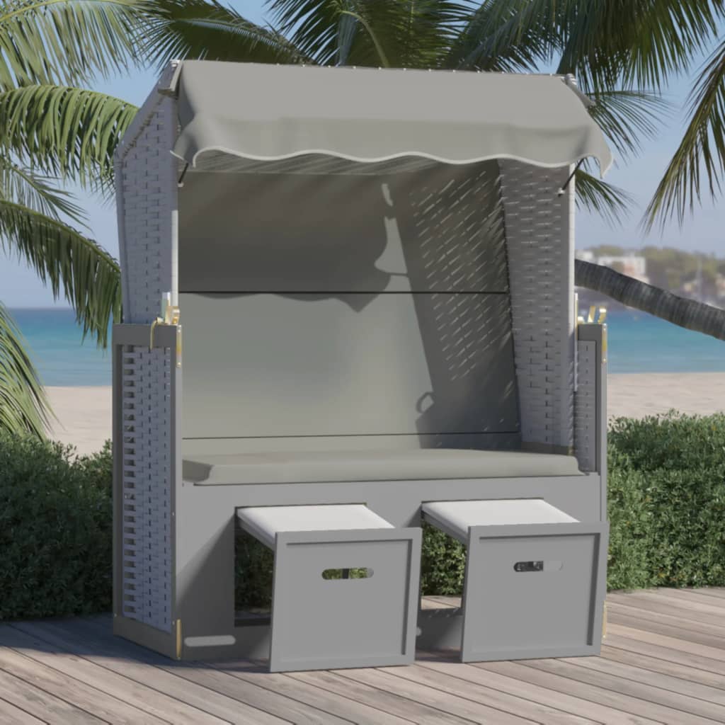 Strandkorb with braided resin awning and solid gray wood