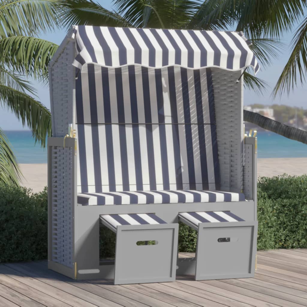 Strandkorb with braided resin awning and solid blue white white wood