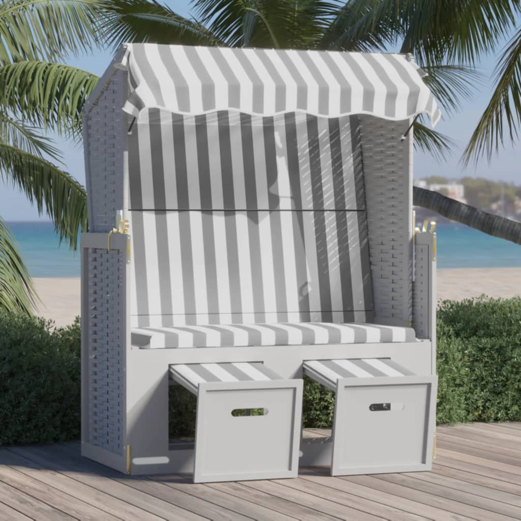 Strandkorb with braided resin awning and solid white gray wood