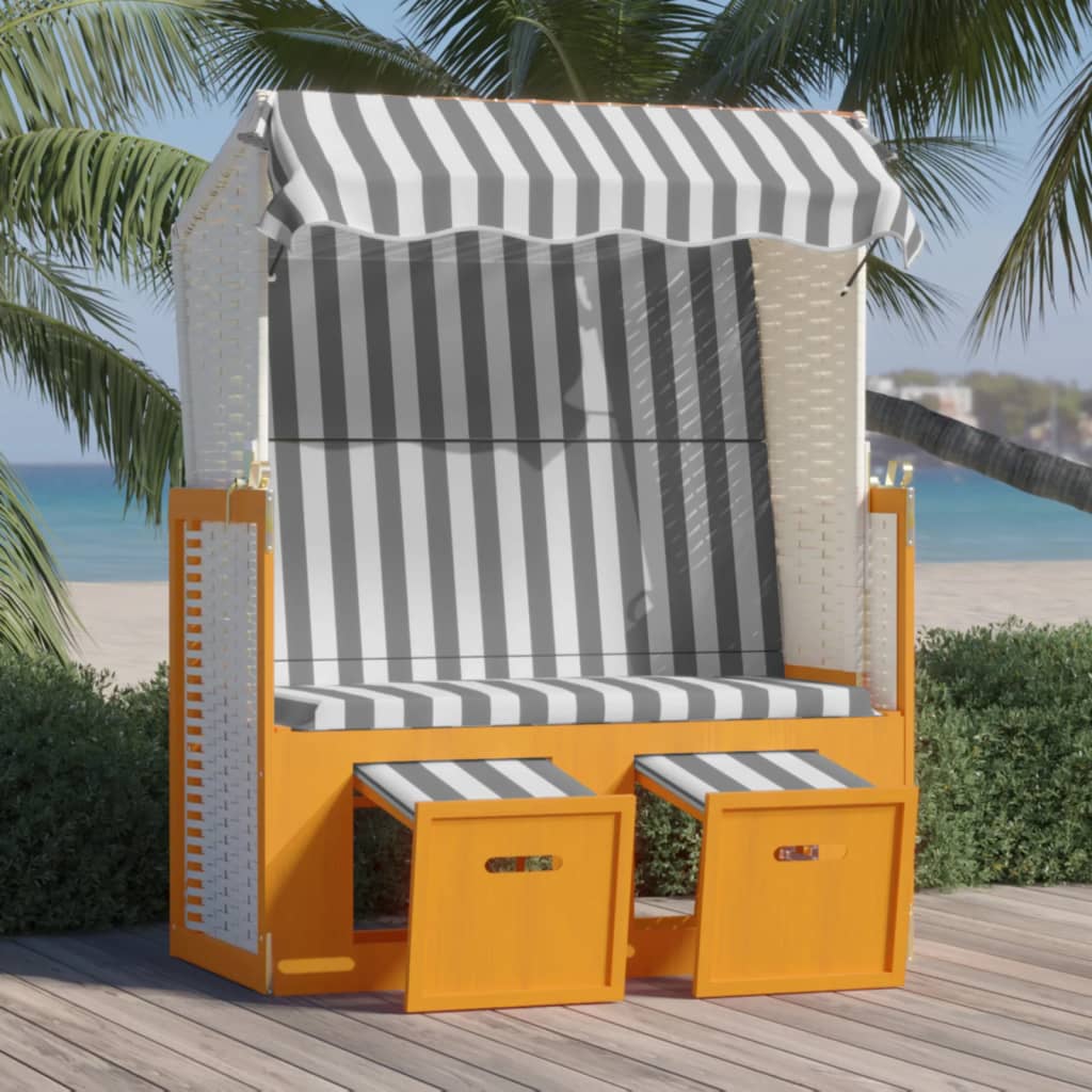 Strandkorb with braided resin awning and solid white gray wood