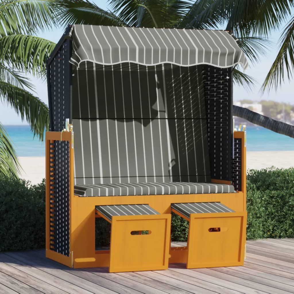 Strandkorb with braided resin awning and solid gray black wood