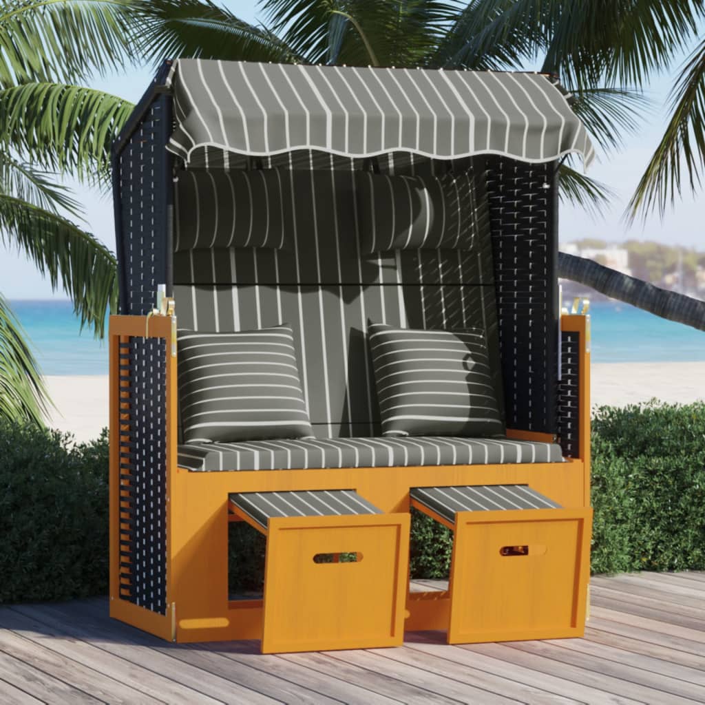 Strandkorb with Cushions Braided resin Wood Solid Black Gray