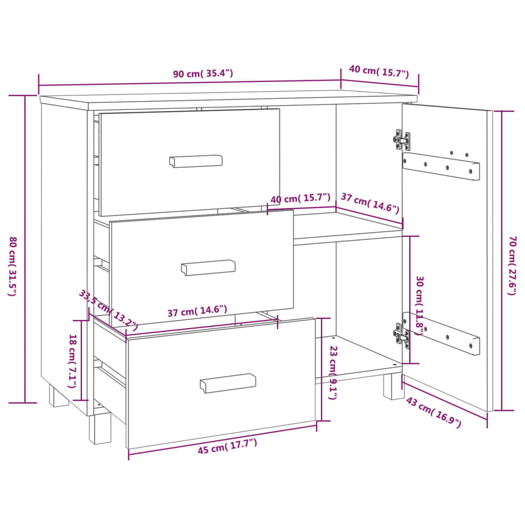 Dark gray Hamar buffet 90x40x80 cm solid pine wood