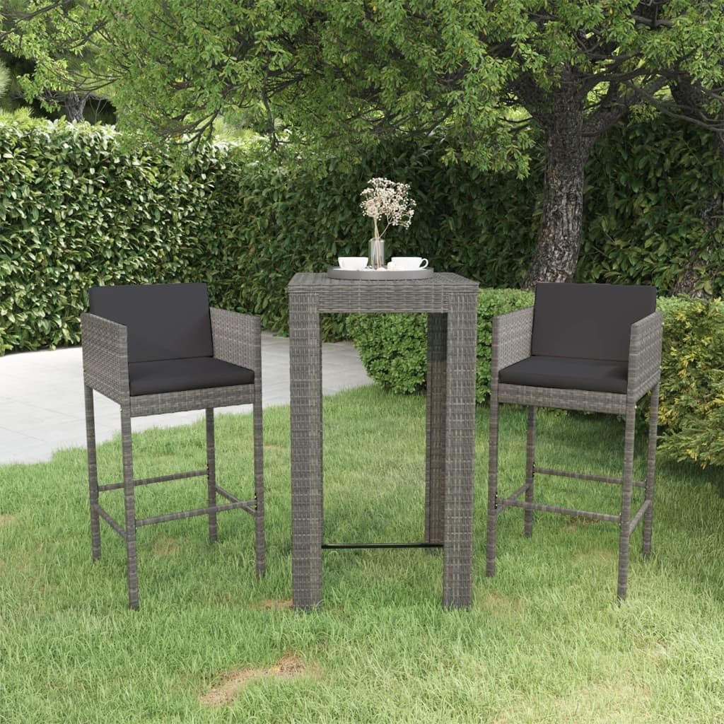 Ensemble de bar de jardin 3 pcs et coussins Résine tressée Gris