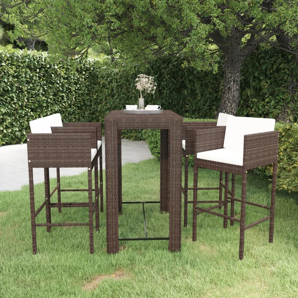 Ensemble bar de jardin 5 pcs et coussins Résine tressée Marron