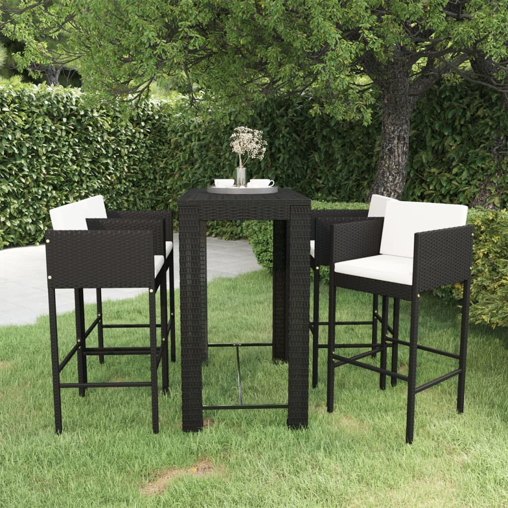 Ensemble de bar de jardin 5 pcs et coussins Résine tressée Noir