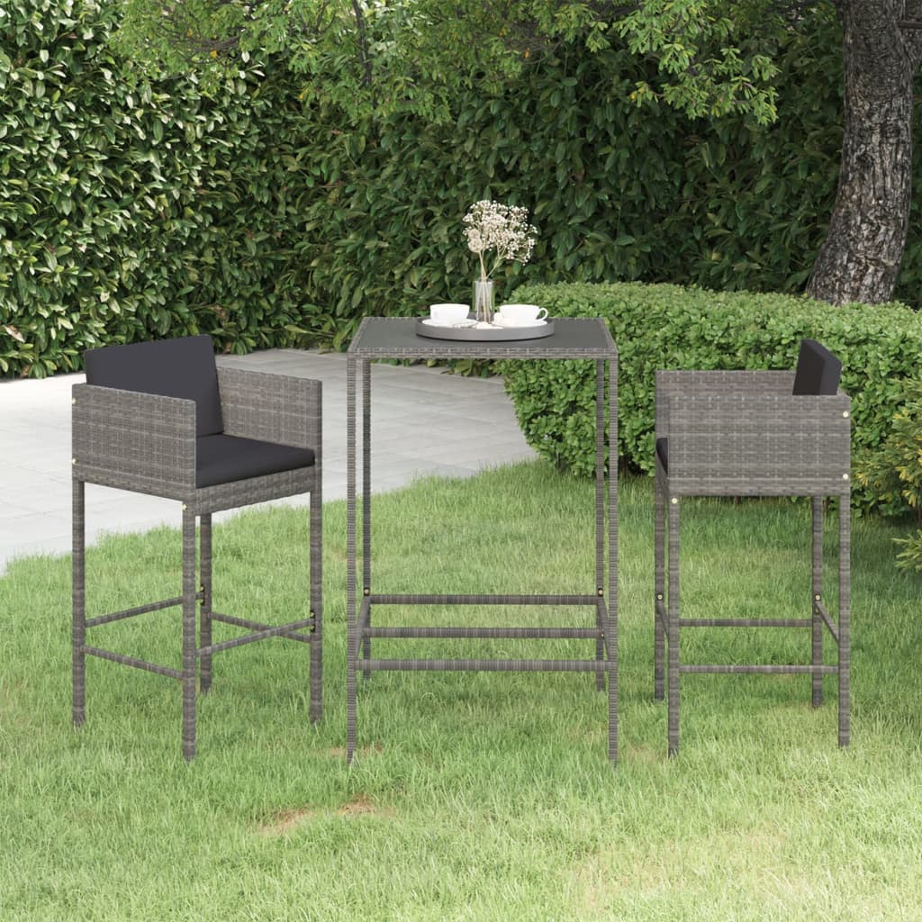 Ensemble de bar de jardin 3 pcs et coussins Résine tressée Gris