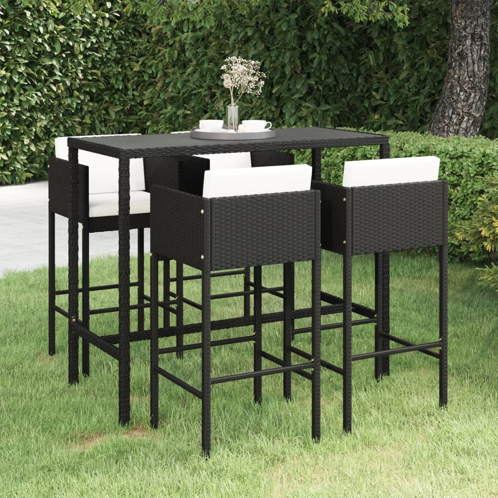 Ensemble de bar de jardin 5 pcs et coussins Résine tressée Noir