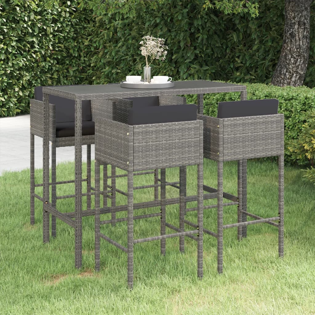 Ensemble de bar de jardin 5 pcs et coussins Résine tressée Gris