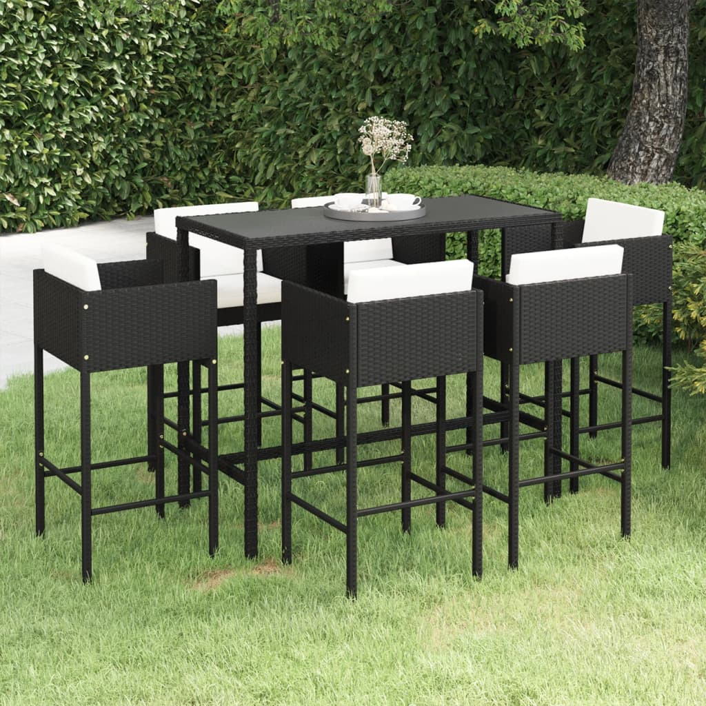 Ensemble de bar de jardin 7 pcs et coussins Résine tressée Noir