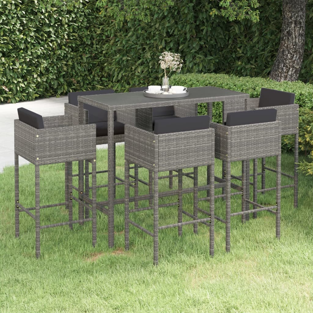 Ensemble de bar de jardin 7 pcs et coussins Résine tressée Gris