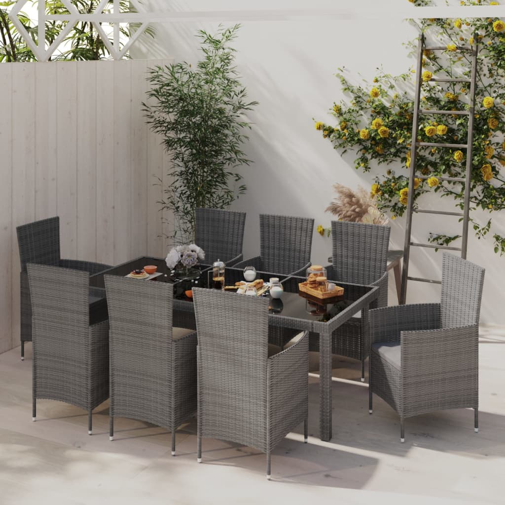 Mobilier à dîner de jardin 9pcs et coussins Résine tressée Gris