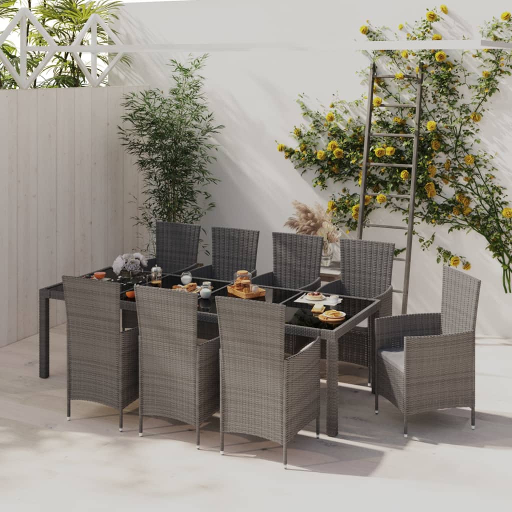 Mobilier à dîner de jardin 9pcs et coussins Résine tressée Gris