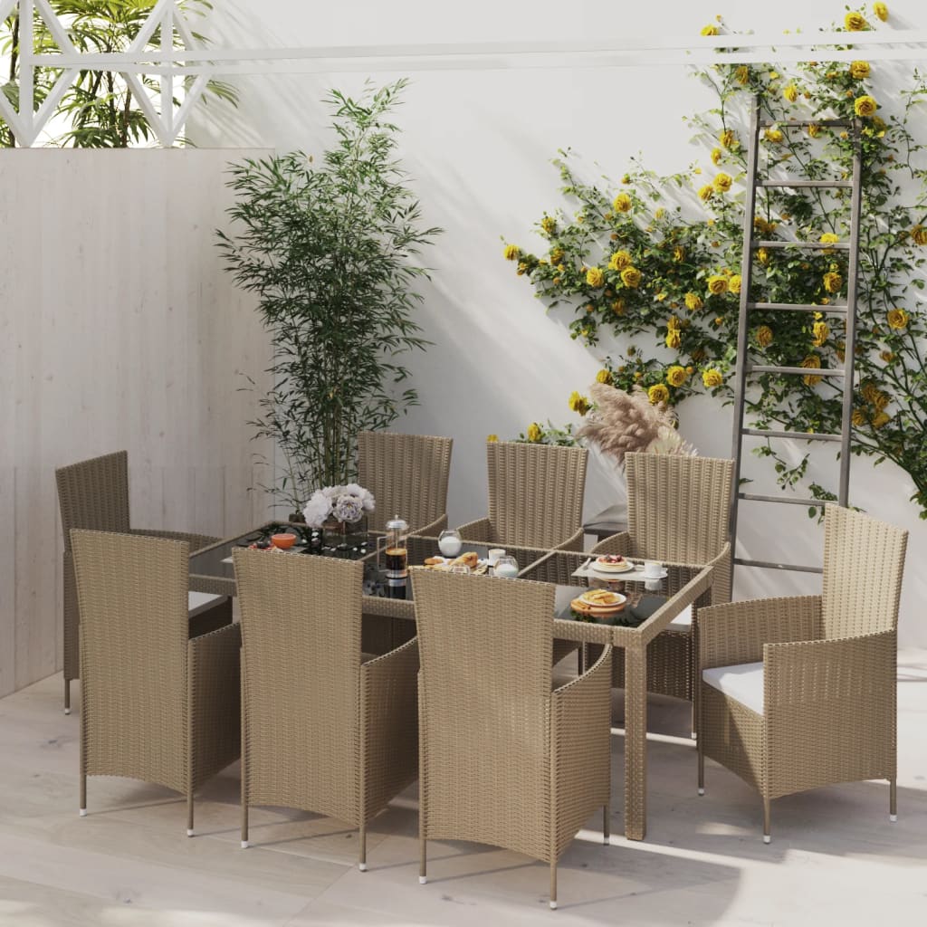 Mobilier à dîner de jardin 9 pcs coussins Résine tressée Beige