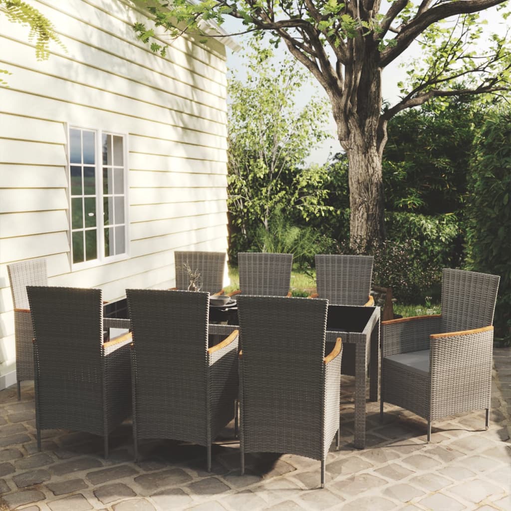 Mobilier à dîner de jardin 9pcs et coussins Résine tressée Gris